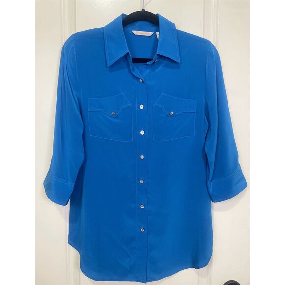 Soft Surroundings Women's XS Petite Blue 100% Silk Button-Up Shirt 3/4 Sleeve - Picture 3 of 14